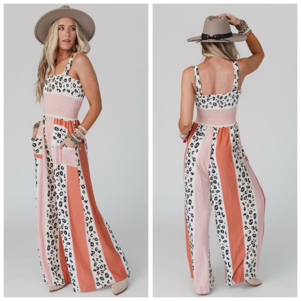 Bucketlist Pink Animal Print Smocked Bodice Stretch Jumpsuit Wide Leg Sz S